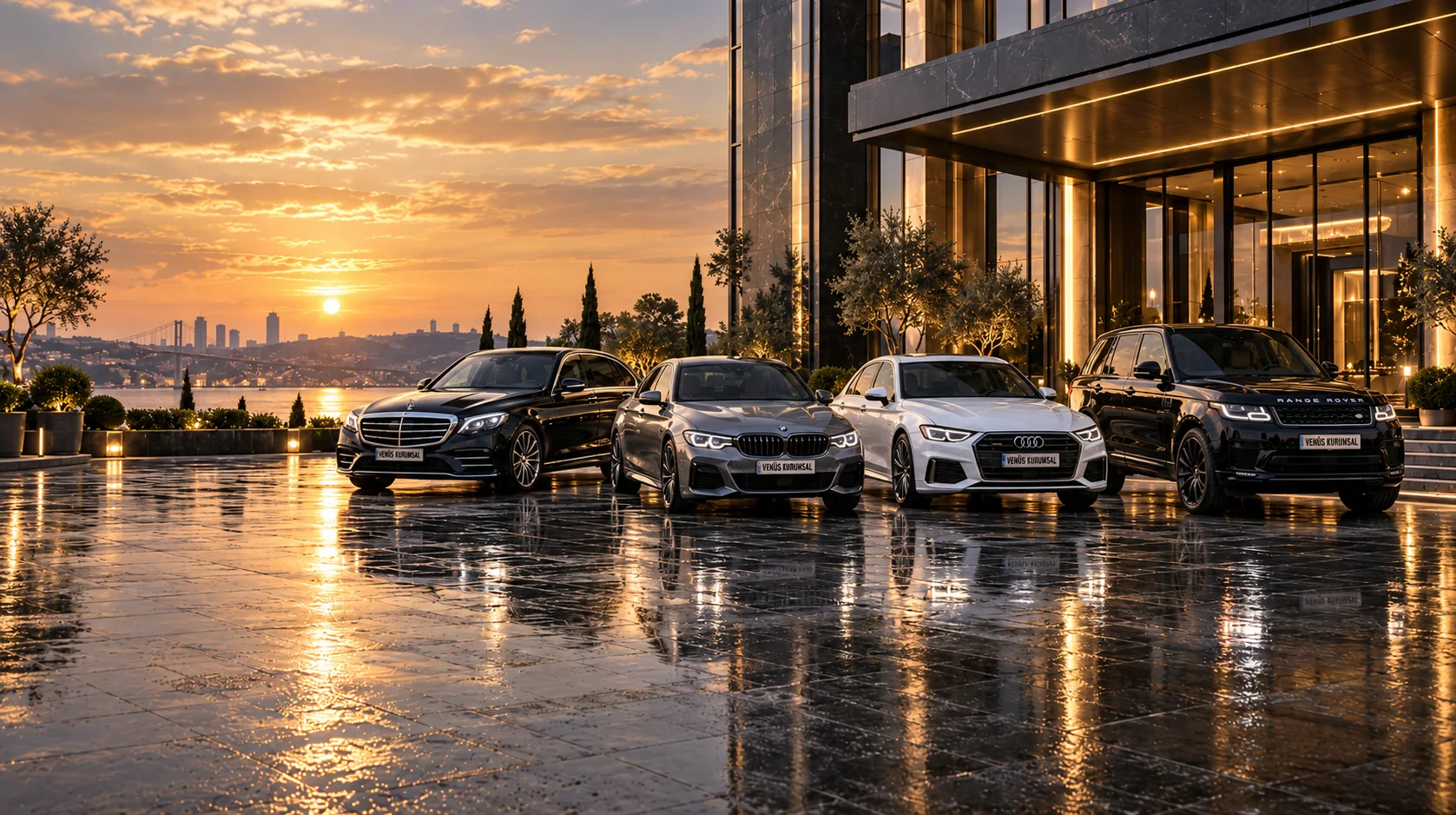Gün batımında İstanbul Boğazı manzaralı bir bina önünde Mercedes-Benz, BMW, Audi ve Range Rover araçları